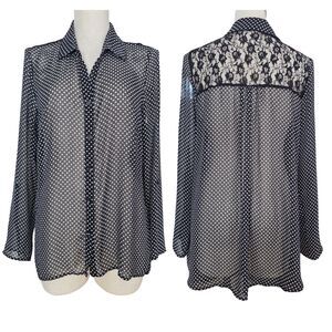 Zac and Rachel Polka Dot Tunic Top XL High Low Sheer Lace Back Blouse Romantic
